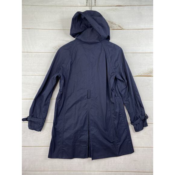 J Crew Trench Coat Womens Size 10 Navy Blue Hooded Snap/Zip Mid Length Cotton - Picture 13 of 13